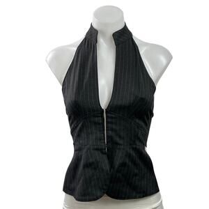 NEW Gimaguas Women Dark Gray Halter Striped Open Back Vest Crop Ring Top Size XS